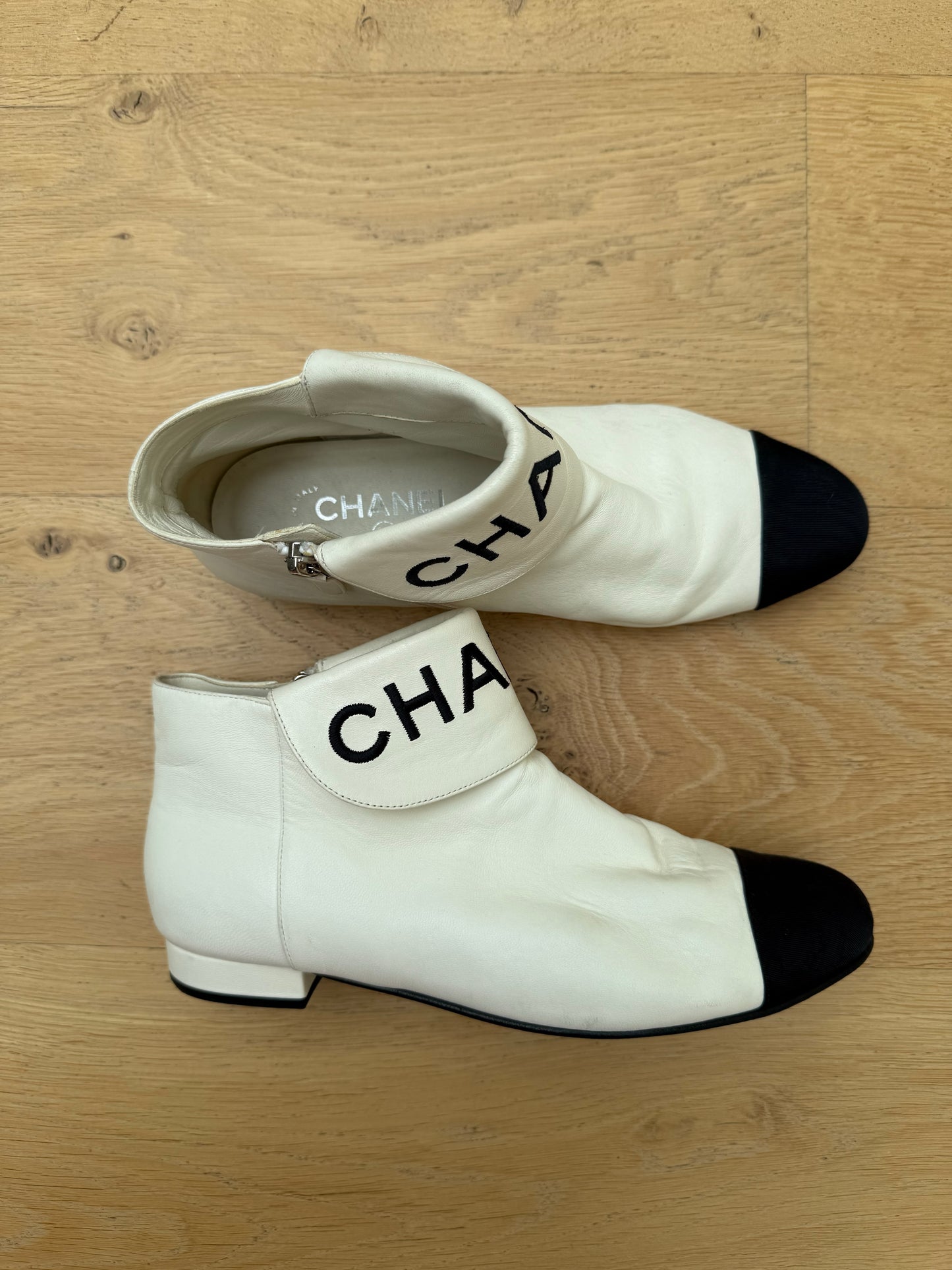 CHANEL logo boots