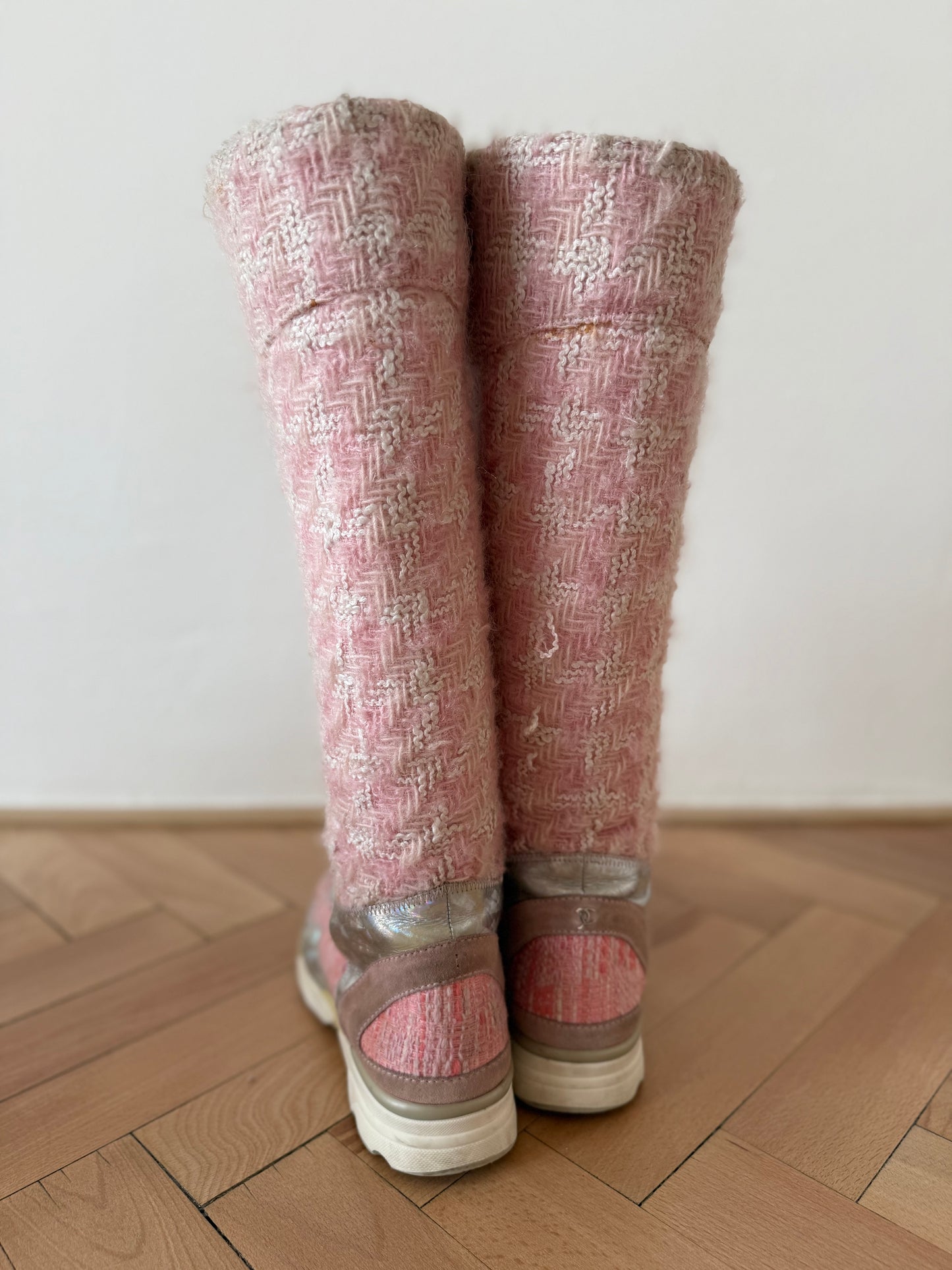 CHANEL tweed runway boots