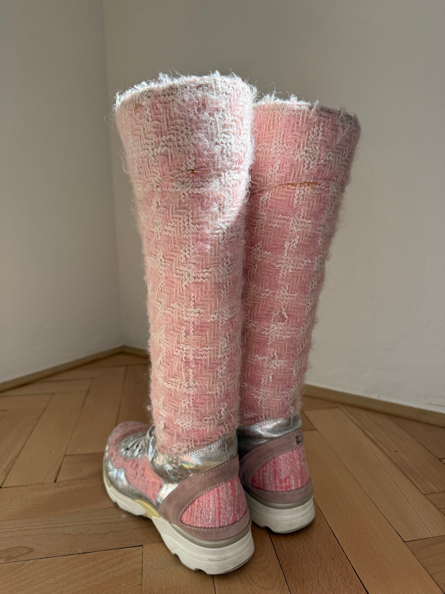 CHANEL tweed runway boots