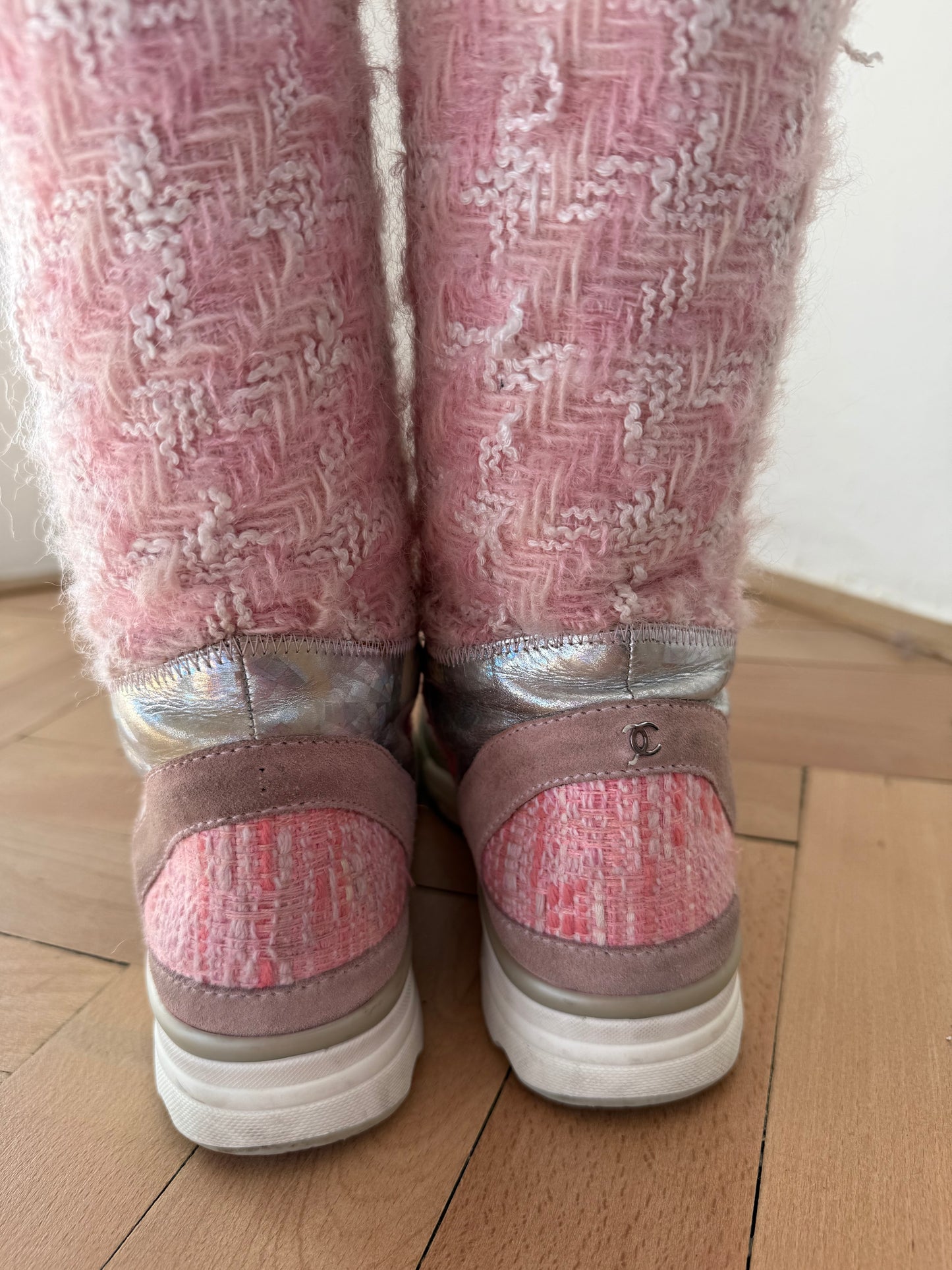 CHANEL tweed runway boots
