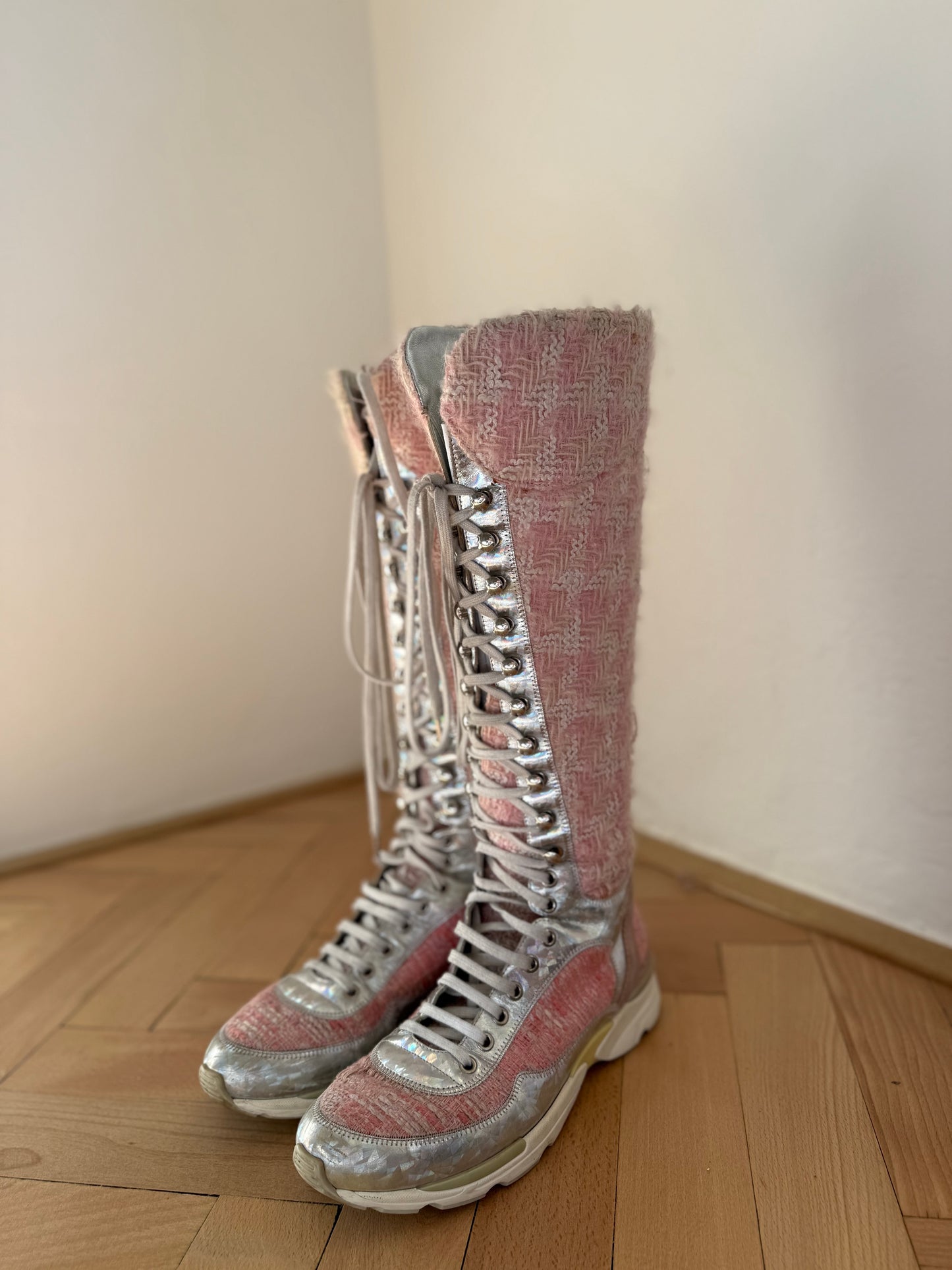 CHANEL tweed runway boots