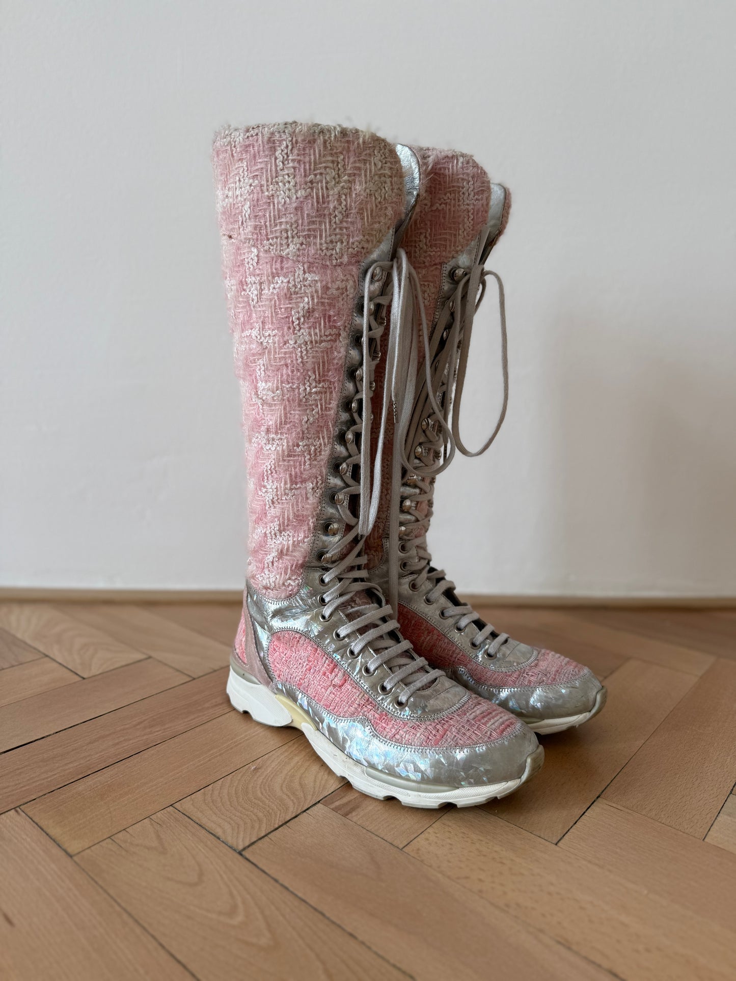 CHANEL tweed runway boots